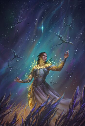 An illustration of Khriss, a beautiful black woman in an elegant dress of an unusual design, with golden tattoo-like marks covering most of her body and helping illuminate the beautiful but alien Taldainian Darkside.