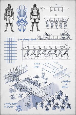 This shows how the bridges Sadeas' uses work. It looks like a technical blueprint, except for the rather dramatic interpretation of a bridge run at the bottom. The annotations on this drawing are done in women's script rather than English. In the top left of the drawing we have a faceless bridgeman drawn from the front and back. He's wearing sandals, short pants that go down to his knees and are tied with a rope, and a sleeveless vest with heavy padding on his shoulders. He has impressive calves. We also so the bridge four glyph here, resembling an arrow-shape with a circle in the tip piercing a lightning-bolt like line. There's also Sadeas' glyph: five vertical lines that start parallel at the bottom but then curve towards the center line at the top. It looks roughly like a tower, or perhaps a claw reaching upwards. Next we get several technical drawings of a bridge from different angles, as well as drawings of bridgemen carrying the structure. The bridges are more complicated structures then the flat boards I personally pictured. They look more like ramps. Shaped like flat trapeziums. There is a broad base at the bottom, the shorter deck at the top, and short ramps at the front and back connecting to the two. So anyone going over goes up a bit, then down again. It's in the space between the top and bottom that the bridgemans' heads go when they run. The bottom isn't solid wood, it looks more like the rafters under a roof. Planks stick horizontally out of the side of the bridge at regular intervals. These are used to shove the bridge forward when it has been put down. There is a small diagram explaining how a bridge run works in five steps. 1: a straight run to the edge of the chasm 2: put the bridge down 3: push the bridge across 4: bridge is now fully across 5: bridgeman run back towards the rest of the army for cover. Finally, the third bottom of the page has a large, dramatic but not very detailed drawing of a bridge run. On the left is a formation of Alethi soldiers. They wear Roman-style armour: conical helmets with straight nose protectors, shoulder armour made out of several pieces of metal, metal breastplates, heavy skirts that go to below the knee, and sandals. Their breastplates are hard to see because they are all carrying large rectangular shields with Sadeas' glyph on them, forming a solid shield wall. They all have long spears. In the middle of the scene the bridgeman have their bridge halfway across the chasm. They and the bridge are peppered with arrows from the Parshendi on the other side of the chasm. The bridgeman at the back are still pushing but the ones at the front have all been shot and are draped over the bridge and the handles. One is plummeting onto the chasm. Several are running away from the bridge only to be felled by arrows. It's very dramatic. On the other side of the chasm the Parshendi are armed with short recurve bows. They have quivers slung along their hips. and are not standing in any sort of formation. Their helmets are simple skullcaps with long, wild hair coming from beneath. At the very bottom of the page is the glyph of the ardent who made this drawing. The centre of the glyph is an arrow shape similar to the bridge 4 one, but it has a circle at the base and two lines at the top, curving away from the arrow's point. It looks a bit like a mountain piercing the clouds.