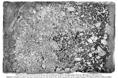 A very large, detailed map the Altethi have made of the Shattered Plains. This is a top down-view of the Shattered Plains. We see ten small craters on the left, which are the Alethi warcamps. The rest of the image is hundreds and hundreds of plateaus separated by chams. It looks like a piece of broken glass, jagged and with no apparent symmetry. If the purpose of this image is to make the viewer feel like the Shattered Plains are a maze that is way too complex to ever properly map, it succeeds in that. The further on the right of the map we go, which is east, towards the storms, the wider the chasms are. Near the warcamps you could go from one plateau to any of its neighbours, but that's not the case further east. Only a few plateaus connect directly to the Tower, others are way too far to bridge.